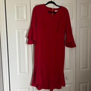 Red Calvin Klein dress with bell sleeves